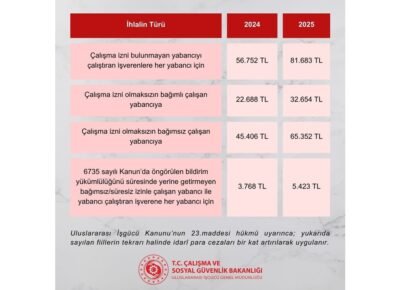 Çalışma Bakanlığı, 2025 Para Cezaları